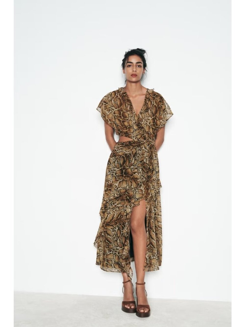 Zara Womens Wrap Dress Large Brown Animal Print Cutout Ruffled Midi 8827/156 NWT
